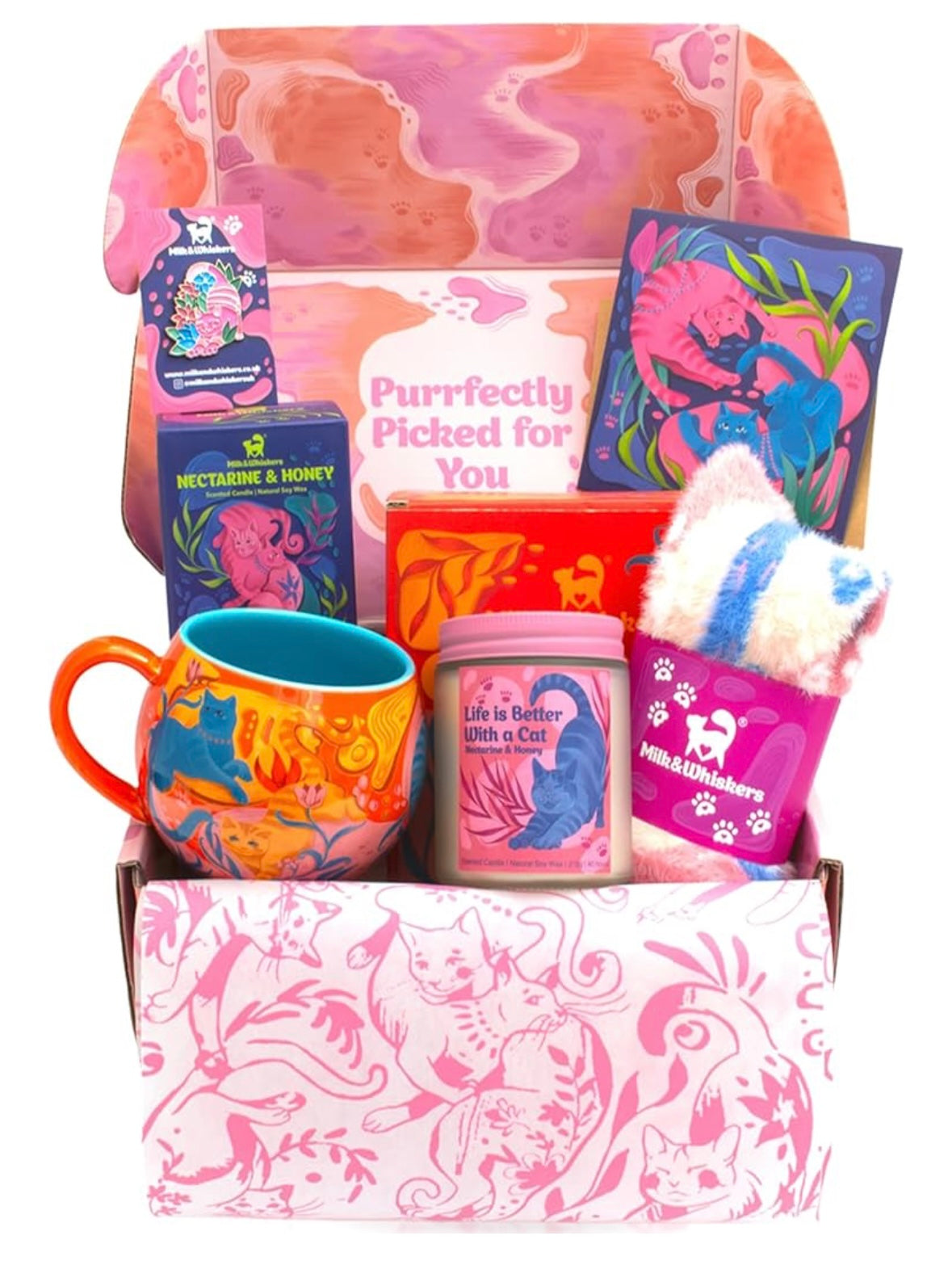 Milk & Whiskers Cat Lover Gift Set – Mug, Candle, Socks & Ready-to-Gift Box