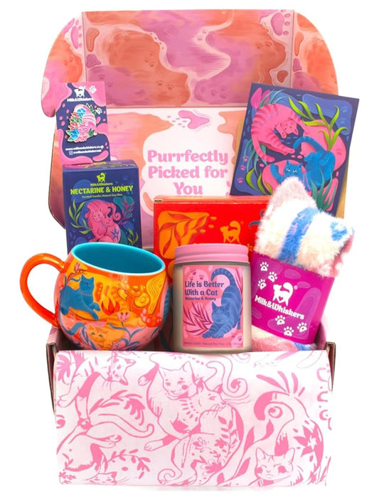 Milk & Whiskers Cat Lover Gift Set – Mug, Candle, Socks & Ready-to-Gift Box